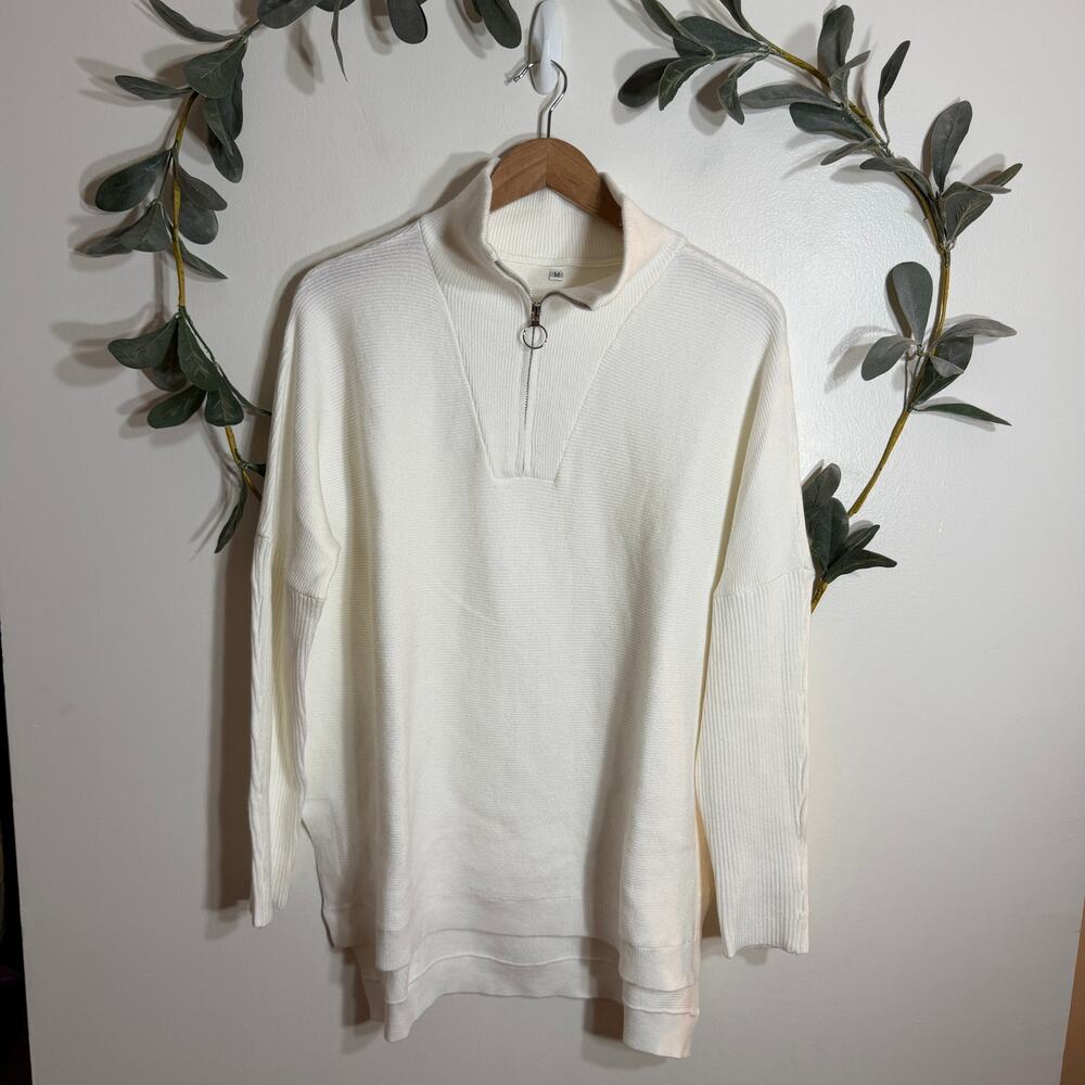White 1/4 Zip Ribbed Tunic Sweater